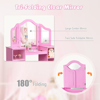 Kids Tri Folding Mirror Makeup Dressing Vanity Table Set-Pink