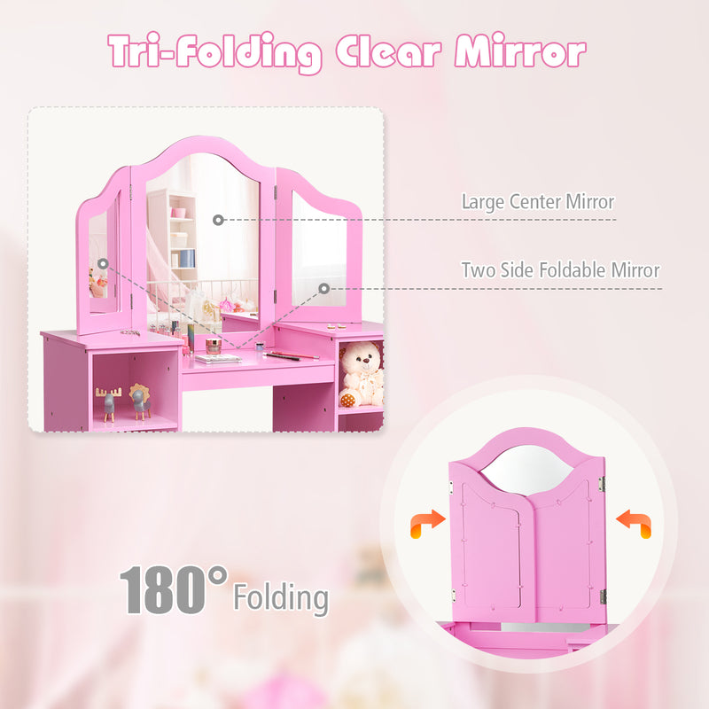 Kids Tri Folding Mirror Makeup Dressing Vanity Table Set-Pink