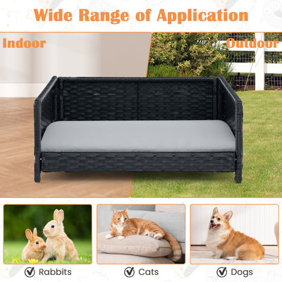 Rattan Dog Bed with Waterproof Soft Cushion for Medium Small Dogs Cats-Gray