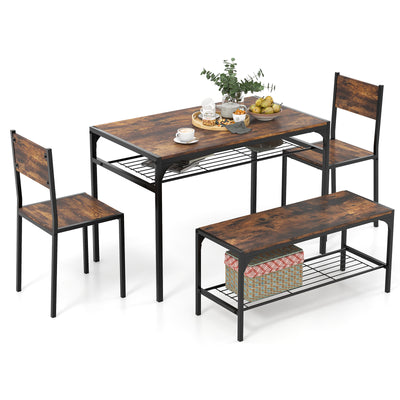 Industrial Style Rectangular Kitchen Table with Bench and Chairs-Rustic Brown