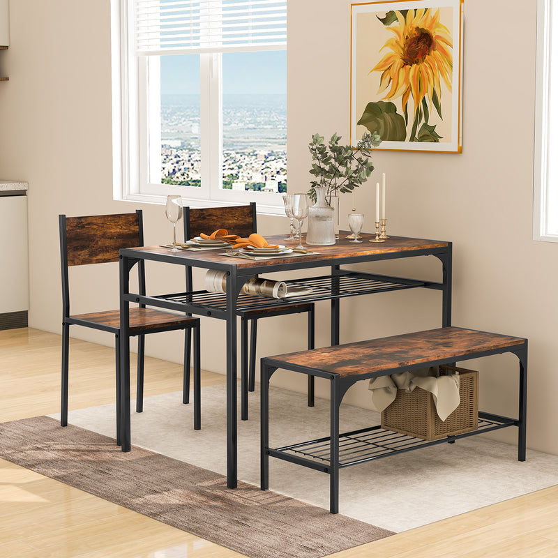 Industrial Style Rectangular Kitchen Table with Bench and Chairs-Rustic Brown