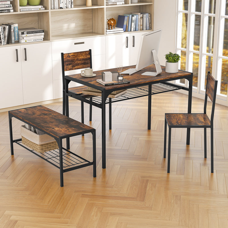 Industrial Style Rectangular Kitchen Table with Bench and Chairs-Rustic Brown