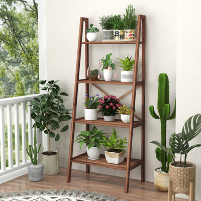 58 Inch 4-Tier Bamboo Ladder Bookshelf-Walnut