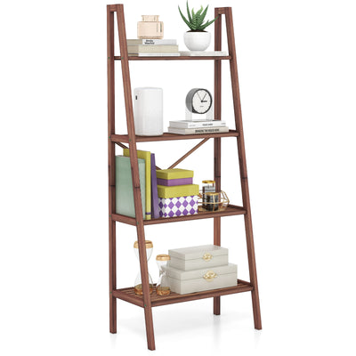 58 Inch 4-Tier Bamboo Ladder Bookshelf-Walnut