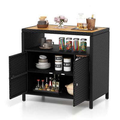 Rattan Storage Cabinet with Acacia Wood Countertop for Poolside Deck and Patio-Black