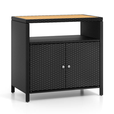 Rattan Storage Cabinet with Acacia Wood Countertop for Poolside Deck and Patio-Black