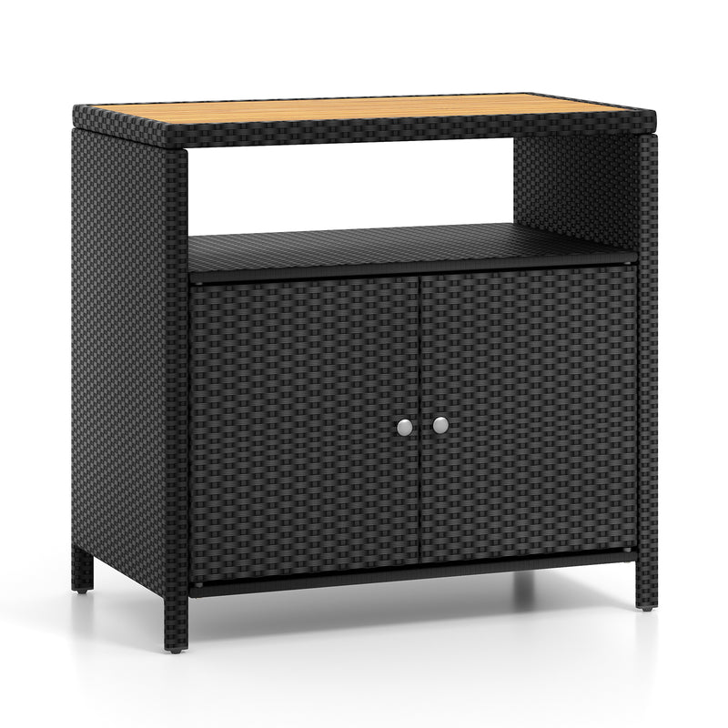 Rattan Storage Cabinet with Acacia Wood Countertop for Poolside Deck and Patio-Black