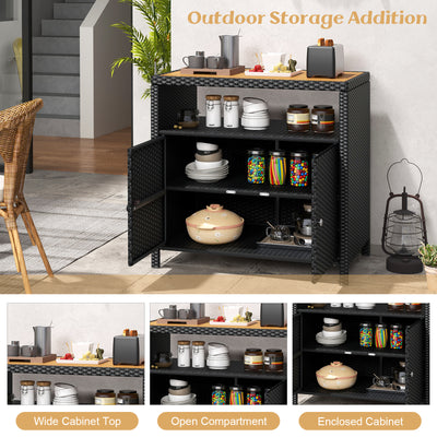 Rattan Storage Cabinet with Acacia Wood Countertop for Poolside Deck and Patio-Black