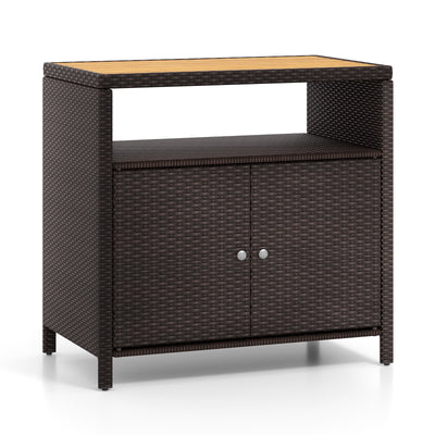 Rattan Storage Cabinet with Acacia Wood Countertop for Poolside Deck and Patio-Brown