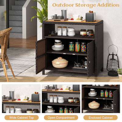 Rattan Storage Cabinet with Acacia Wood Countertop for Poolside Deck and Patio-Brown