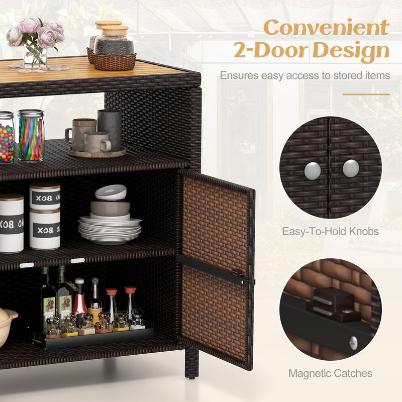 Rattan Storage Cabinet with Acacia Wood Countertop for Poolside Deck and Patio-Brown