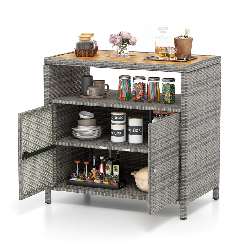 Rattan Storage Cabinet with Acacia Wood Countertop for Poolside Deck and Patio-Gray