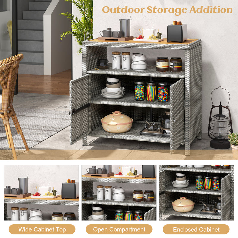 Rattan Storage Cabinet with Acacia Wood Countertop for Poolside Deck and Patio-Gray