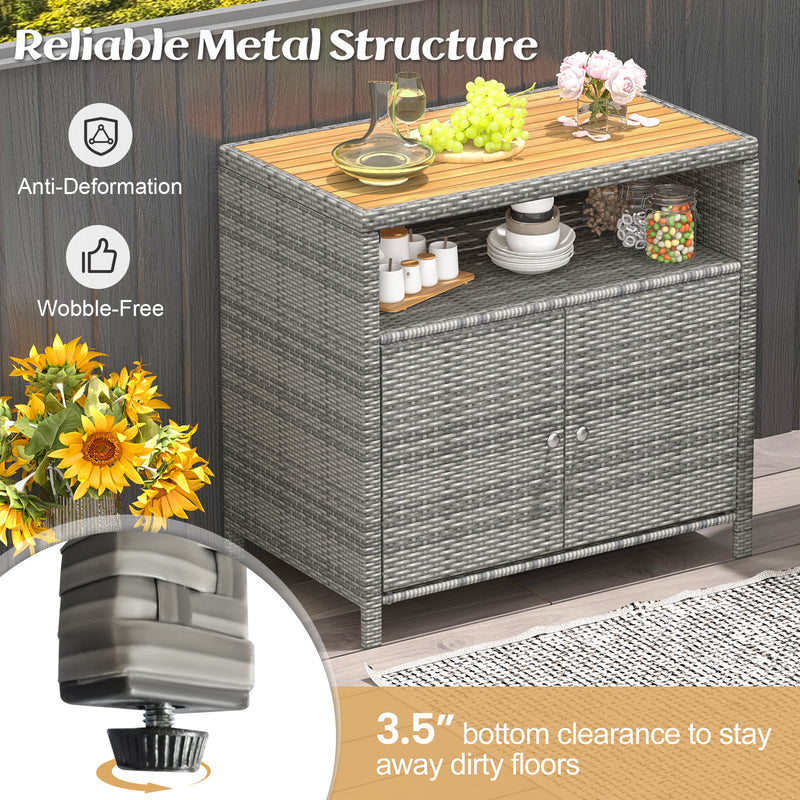 Rattan Storage Cabinet with Acacia Wood Countertop for Poolside Deck and Patio-Gray