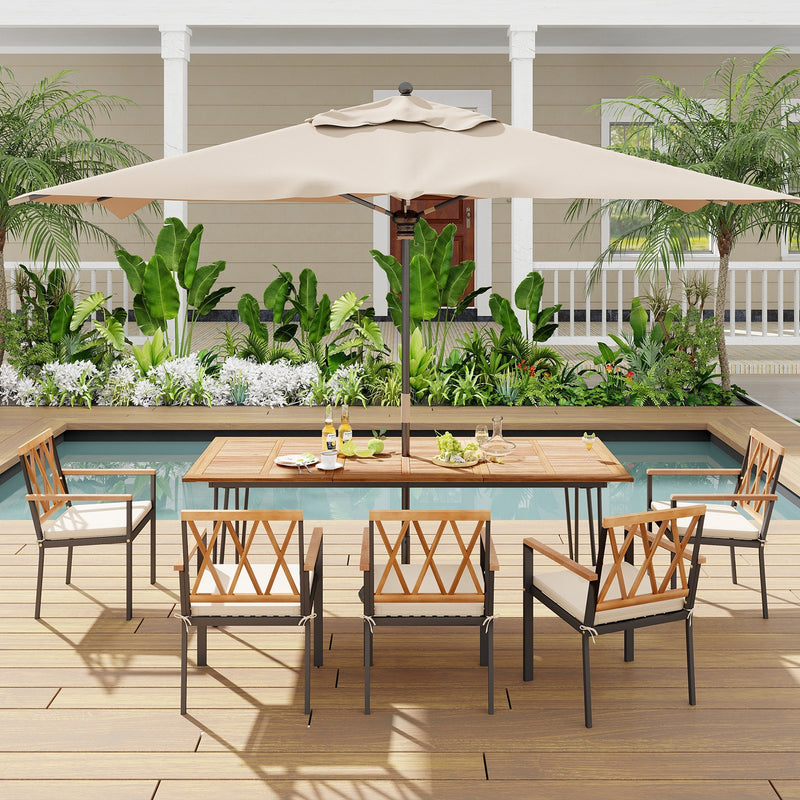 86.5 Inch Rectangular Patio Dining Table for 8 with Acacia Wood Tabletop and Umbrella Hole-86.5 inches