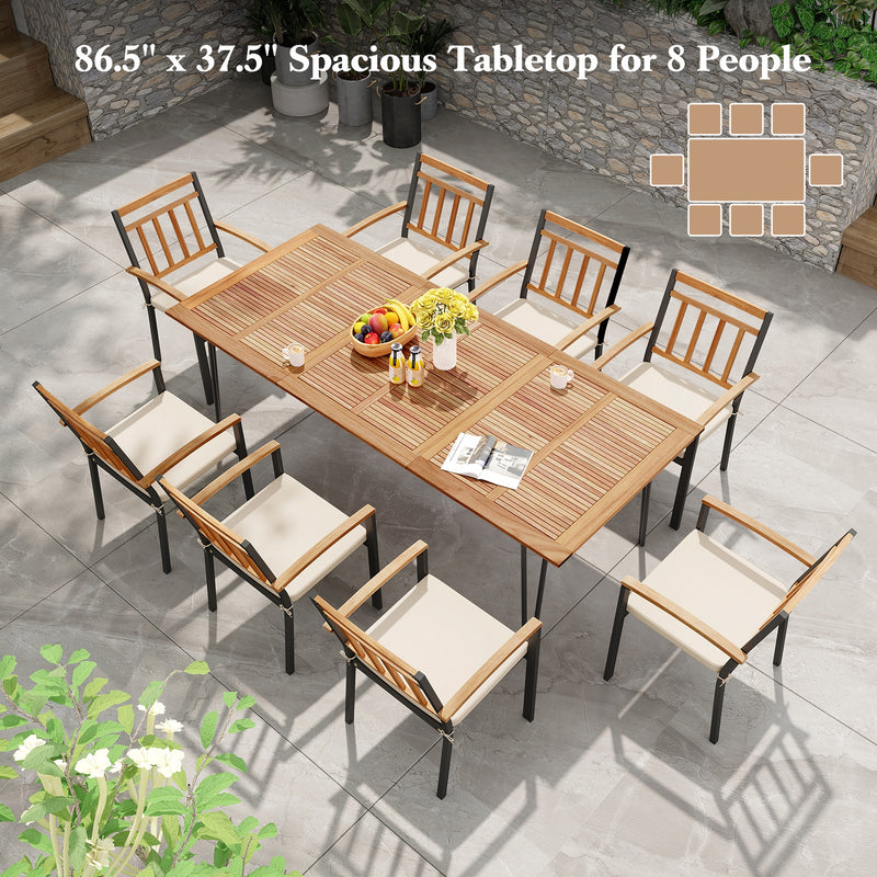 86.5 Inch Rectangular Patio Dining Table for 8 with Acacia Wood Tabletop and Umbrella Hole-86.5 inches