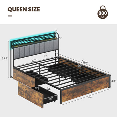 Twin/Full/Queen Bed Frame with LED Lights  Upholstered Headboard and 4 Storage Drawers-Queen Size