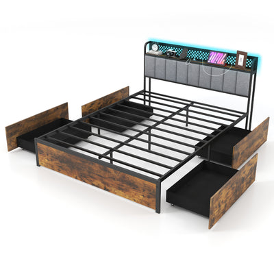 Twin/Full/Queen Bed Frame with LED Lights  Upholstered Headboard and 4 Storage Drawers-Queen Size