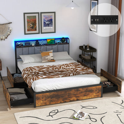 Twin/Full/Queen Bed Frame with LED Lights  Upholstered Headboard and 4 Storage Drawers-Queen Size