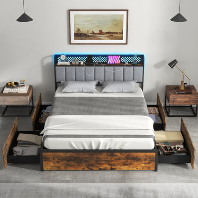 Twin/Full/Queen Bed Frame with LED Lights  Upholstered Headboard and 4 Storage Drawers-Queen Size