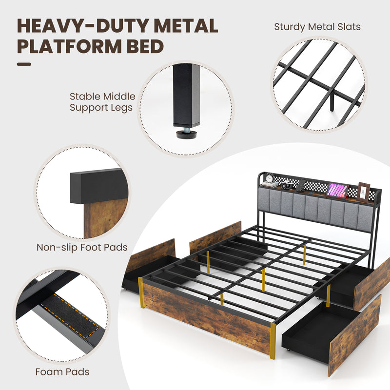 Twin/Full/Queen Bed Frame with LED Lights  Upholstered Headboard and 4 Storage Drawers-Queen Size