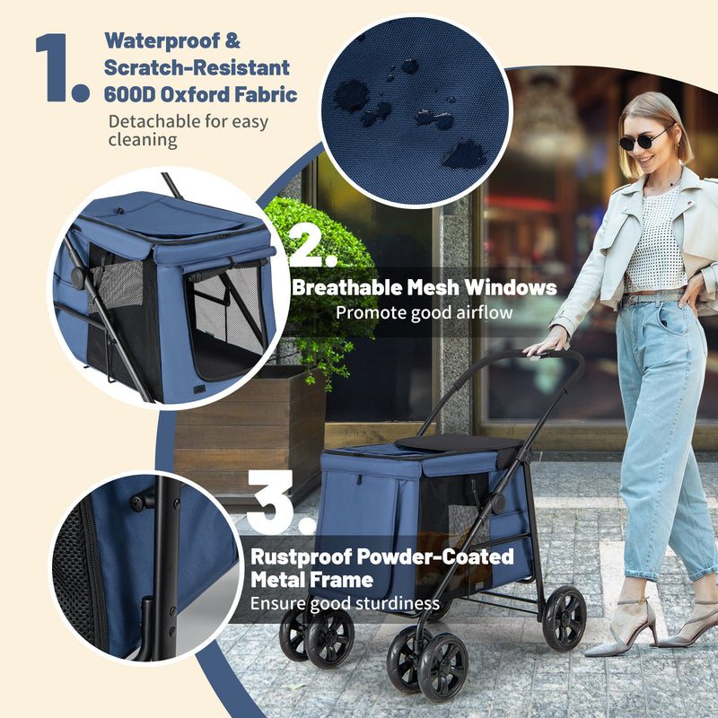 Folding Pet Stroller for Small and Medium Pets with Breathable Mesh andx One-Button Foldable-Blue