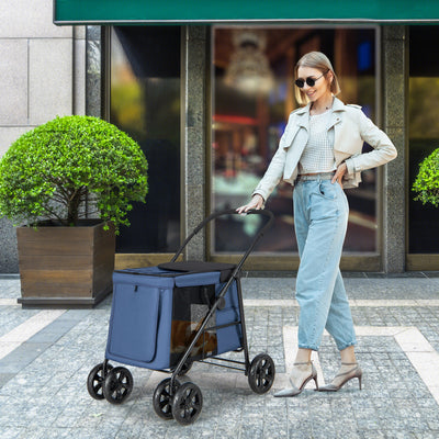 Folding Pet Stroller for Small and Medium Pets with Breathable Mesh andx One-Button Foldable-Blue