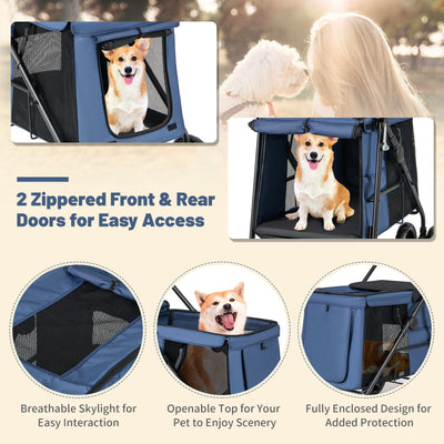 Folding Pet Stroller for Small and Medium Pets with Breathable Mesh andx One-Button Foldable-Blue