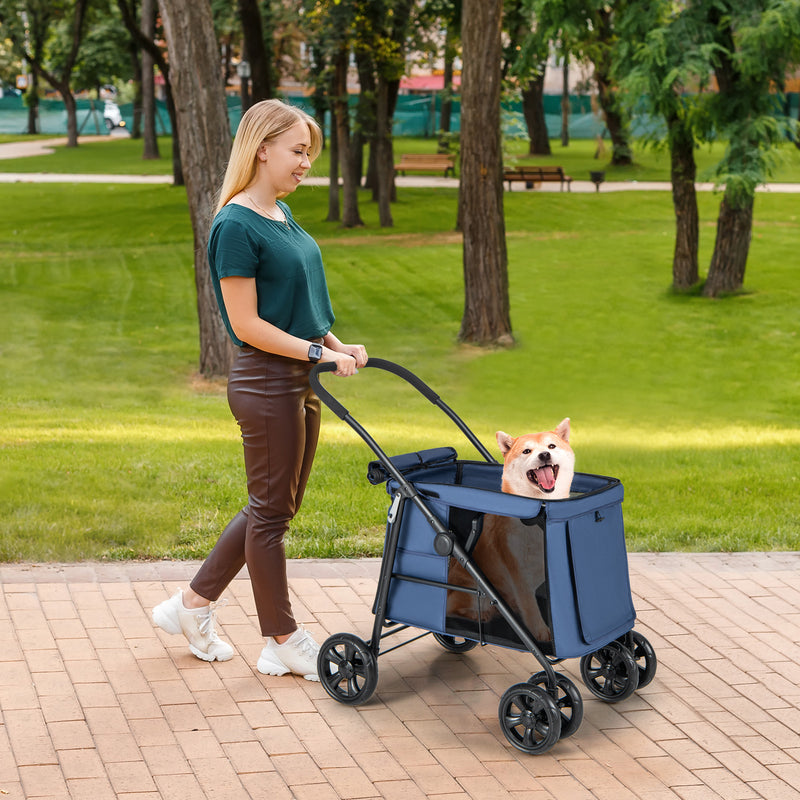 Folding Pet Stroller for Small and Medium Pets with Breathable Mesh andx One-Button Foldable-Gray