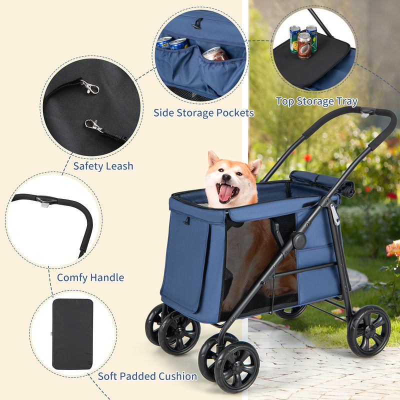 Folding Pet Stroller for Small and Medium Pets with Breathable Mesh andx One-Button Foldable-Gray