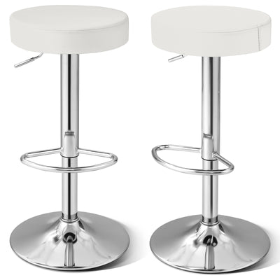 Set of 2 Adjustable Round PU Leather Swivel Barstool with Chrome Footrest-White