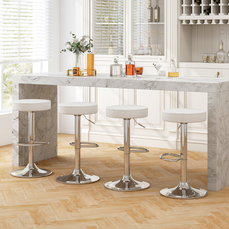 Set of 2 Adjustable Round PU Leather Swivel Barstool with Chrome Footrest-White