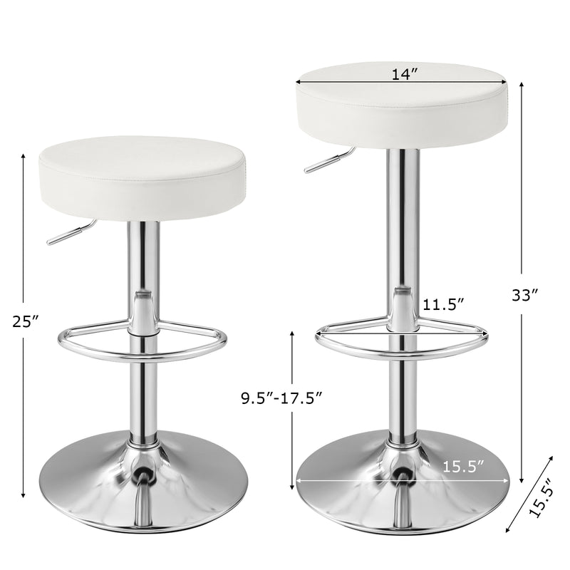 Set of 2 Adjustable Round PU Leather Swivel Barstool with Chrome Footrest-White