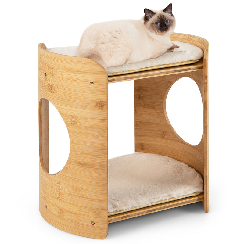 2-Tier Cute Small Cat Tree for Indoor Cats with Natural Bamboo Frame-Beige