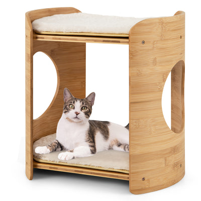 2-Tier Cute Small Cat Tree for Indoor Cats with Natural Bamboo Frame-Beige