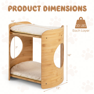 2-Tier Cute Small Cat Tree for Indoor Cats with Natural Bamboo Frame-Beige