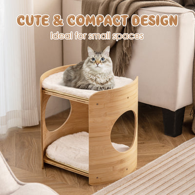 2-Tier Cute Small Cat Tree for Indoor Cats with Natural Bamboo Frame-Beige