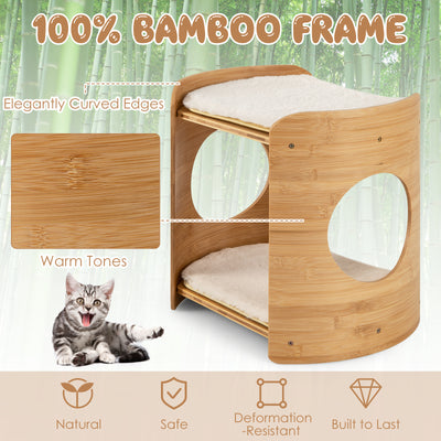 2-Tier Cute Small Cat Tree for Indoor Cats with Natural Bamboo Frame-Beige