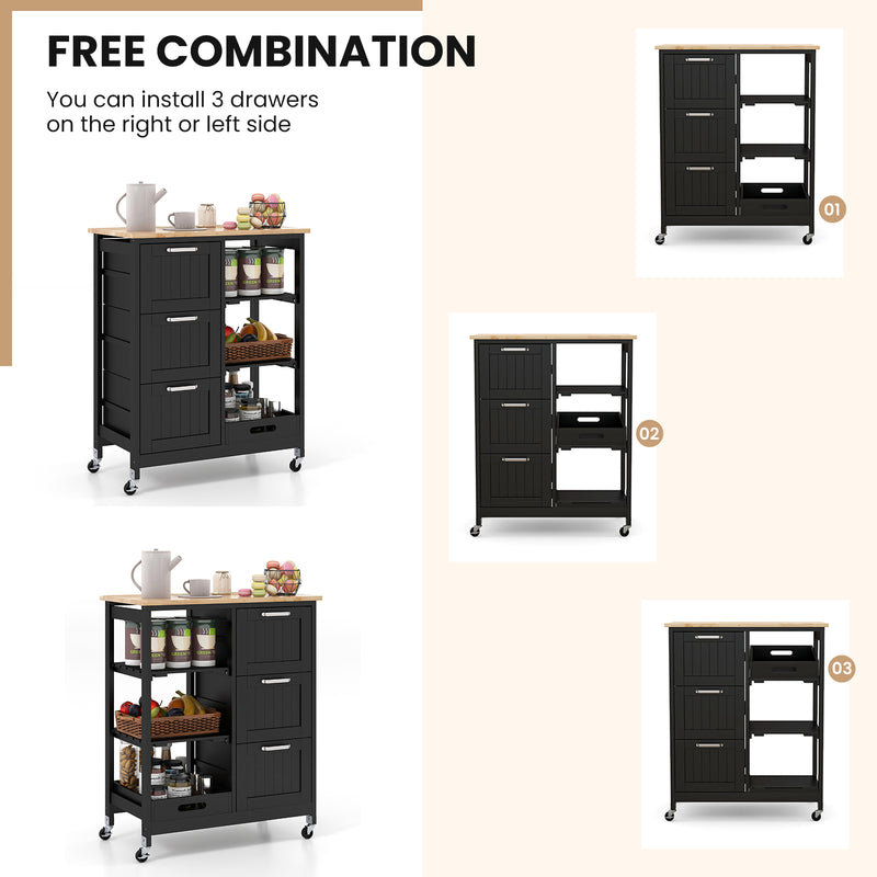 Rolling Kitchen Island Utility Storage Cart with 3 Large Drawers-Black