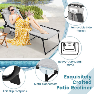 4 Position Folding Lounge Chaise with Adjustable Backrest and Footrest-Gray