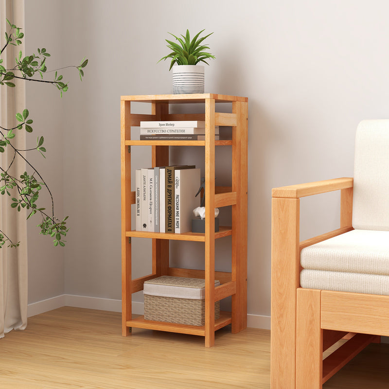 4-Tier Bookshelf Rubber Wood Bookcase with Side Fences for Living Room-14 inches