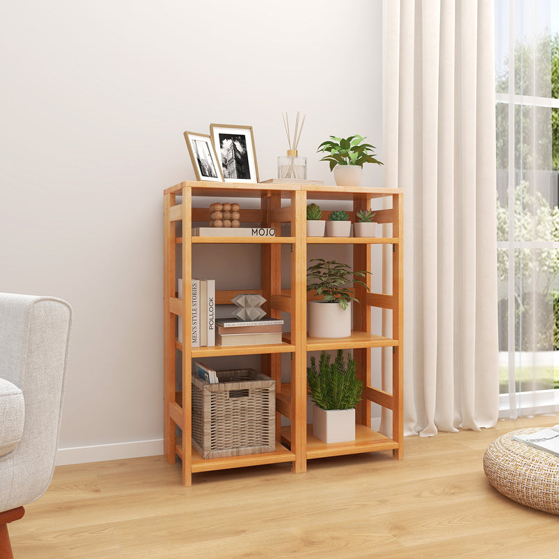 4-Tier Bookshelf Rubber Wood Bookcase with Side Fences for Living Room-14 inches