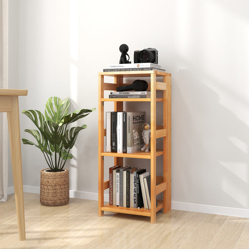 4-Tier Bookshelf Rubber Wood Bookcase with Side Fences for Living Room-14 inches