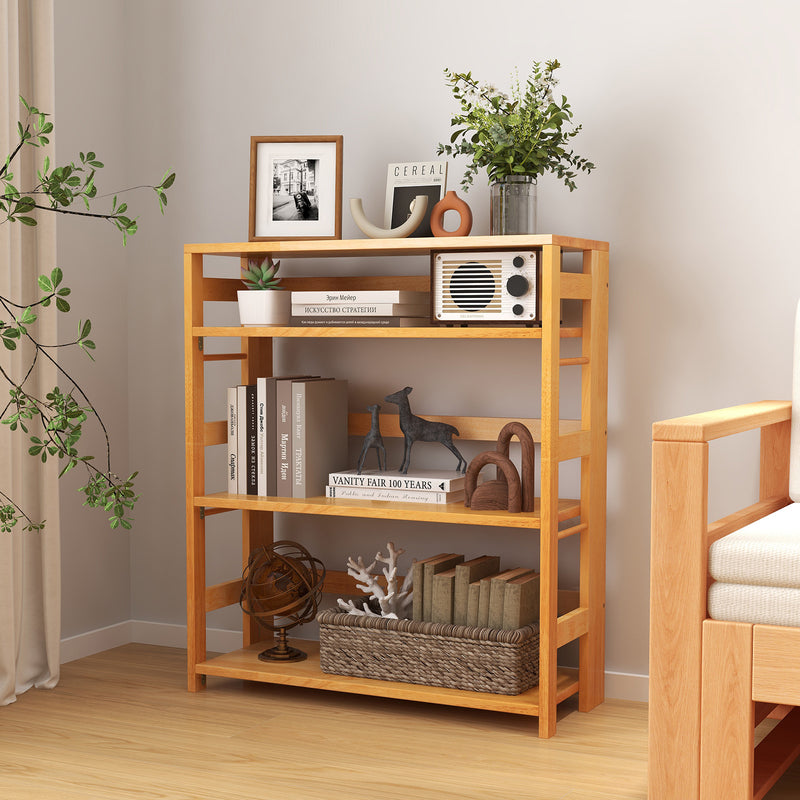 4-Tier Bookshelf Rubber Wood Bookcase with Side Fences for Living Room-29.5 inches