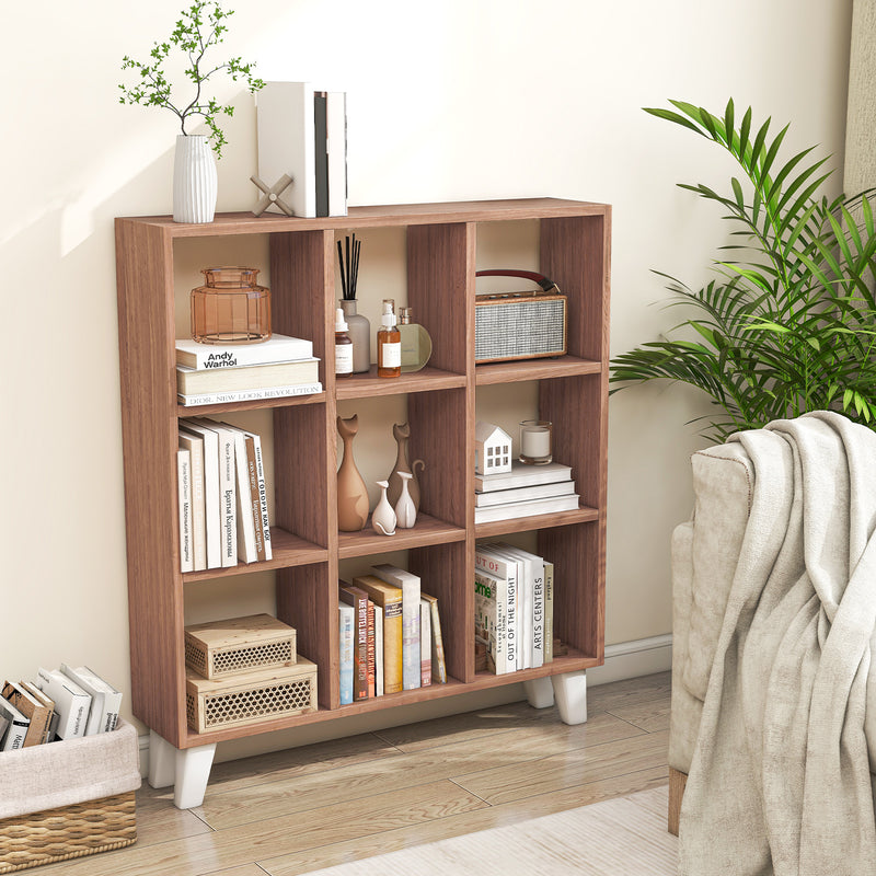 9-Cube Bookcase with 6 Removable Shelves and Raised Support Feet-Brown