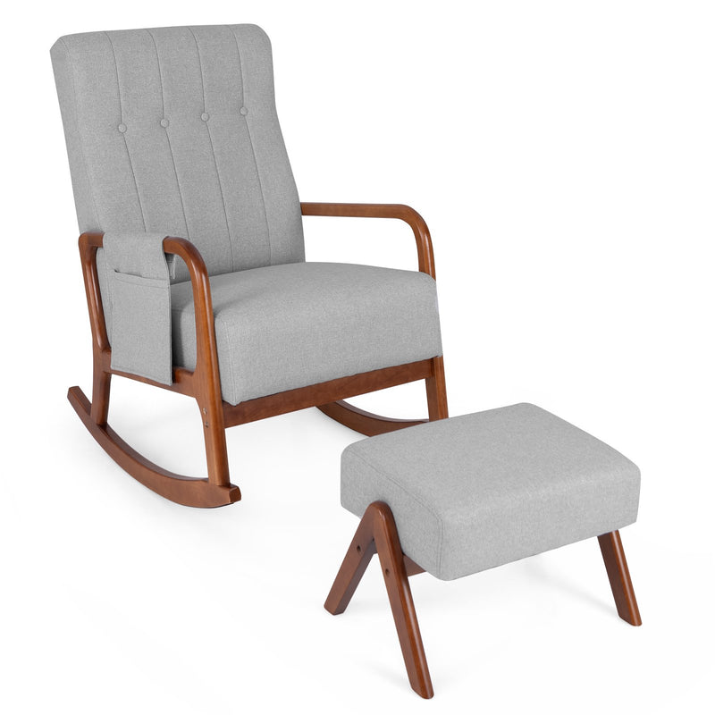 Rocking Chair with Ottoman and Solid Rubber Wood Frame and Padded Cushion-Gray