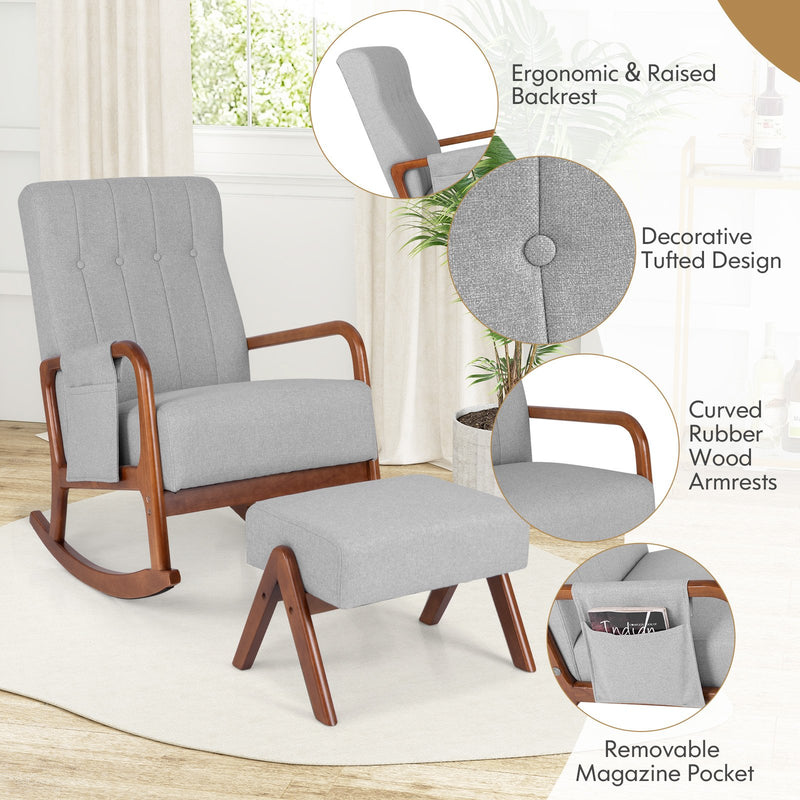 Rocking Chair with Ottoman and Solid Rubber Wood Frame and Padded Cushion-Gray