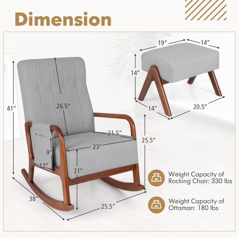 Rocking Chair with Ottoman and Solid Rubber Wood Frame and Padded Cushion-Gray