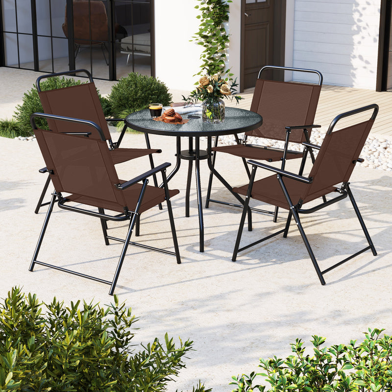 6 Pieces Patio Dining Set Folding Chairs Glass Table Tilt Umbrella for Garden-Coffee