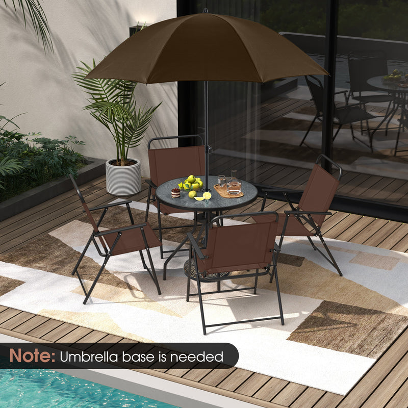 6 Pieces Patio Dining Set Folding Chairs Glass Table Tilt Umbrella for Garden-Coffee